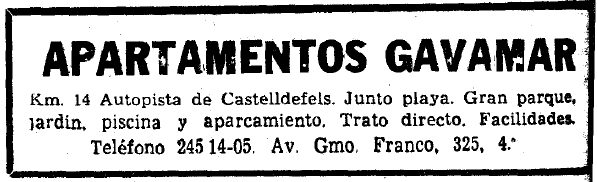 Anuncio de los apartamentos GAVAMAR de Gav Mar publicado en el diario LA VANGUARDIA (6 de Abril de 1966)